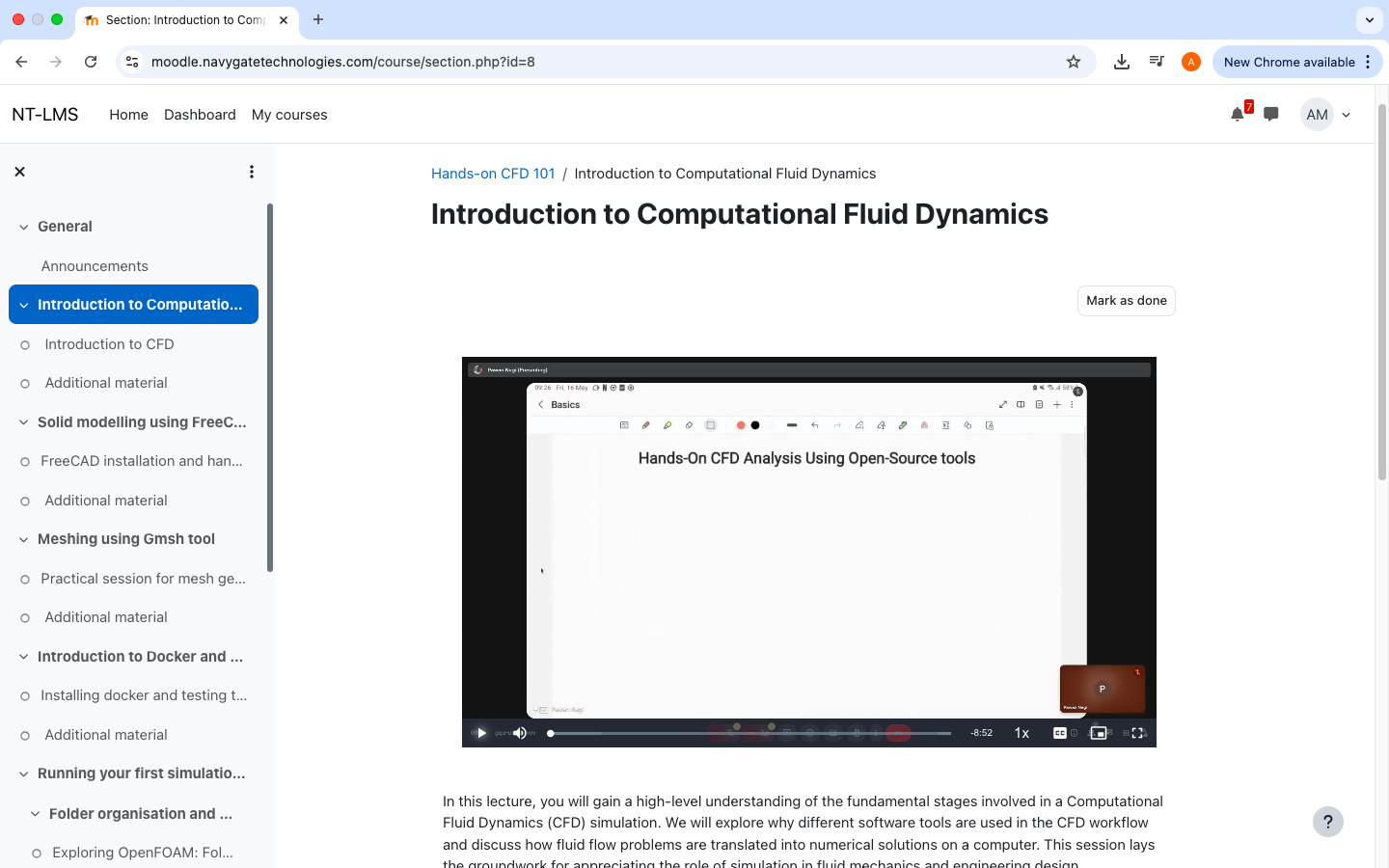the image of the first section of the course on hands on cfd analysis